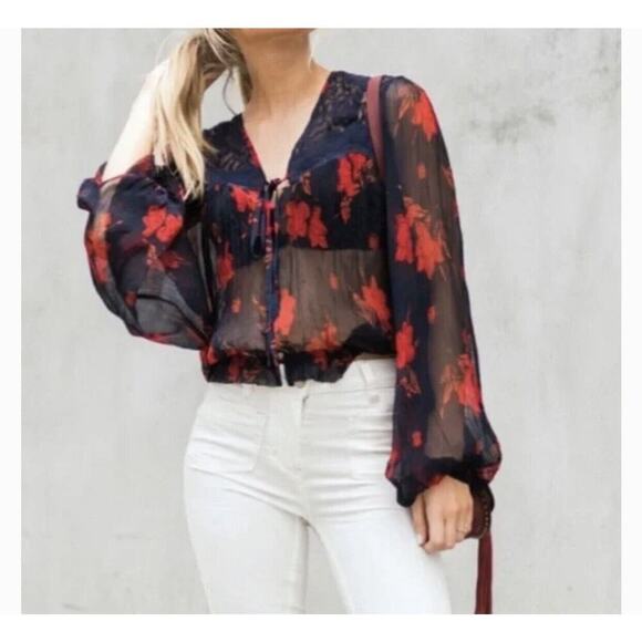 FREE PEOPLE navy and red floral sheer top Size Med - Picture 1 of 5